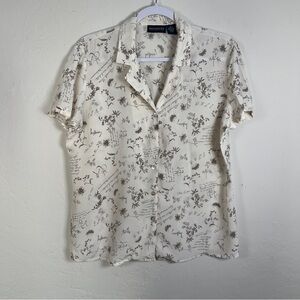 Silk Blouse Size Large Cream and Floral Print Cottage Button Down Short Sleeve